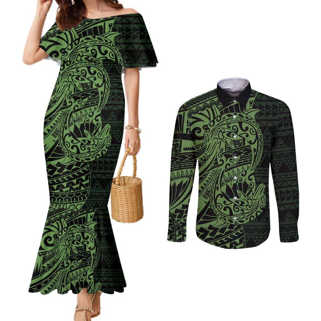 Green Couple Dolphins Maori Polynesian Style Couples Matching Mermaid Dress and Long Sleeve Button Shirt