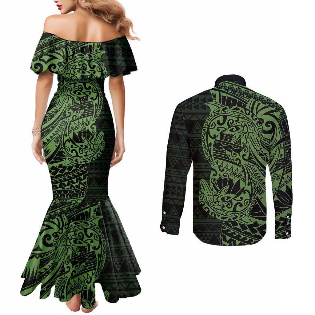 Green Couple Dolphins Maori Polynesian Style Couples Matching Mermaid Dress and Long Sleeve Button Shirt