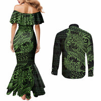 Green Couple Dolphins Maori Polynesian Style Couples Matching Mermaid Dress and Long Sleeve Button Shirt