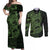 Green Couple Dolphins Maori Polynesian Style Couples Matching Off Shoulder Maxi Dress and Long Sleeve Button Shirt