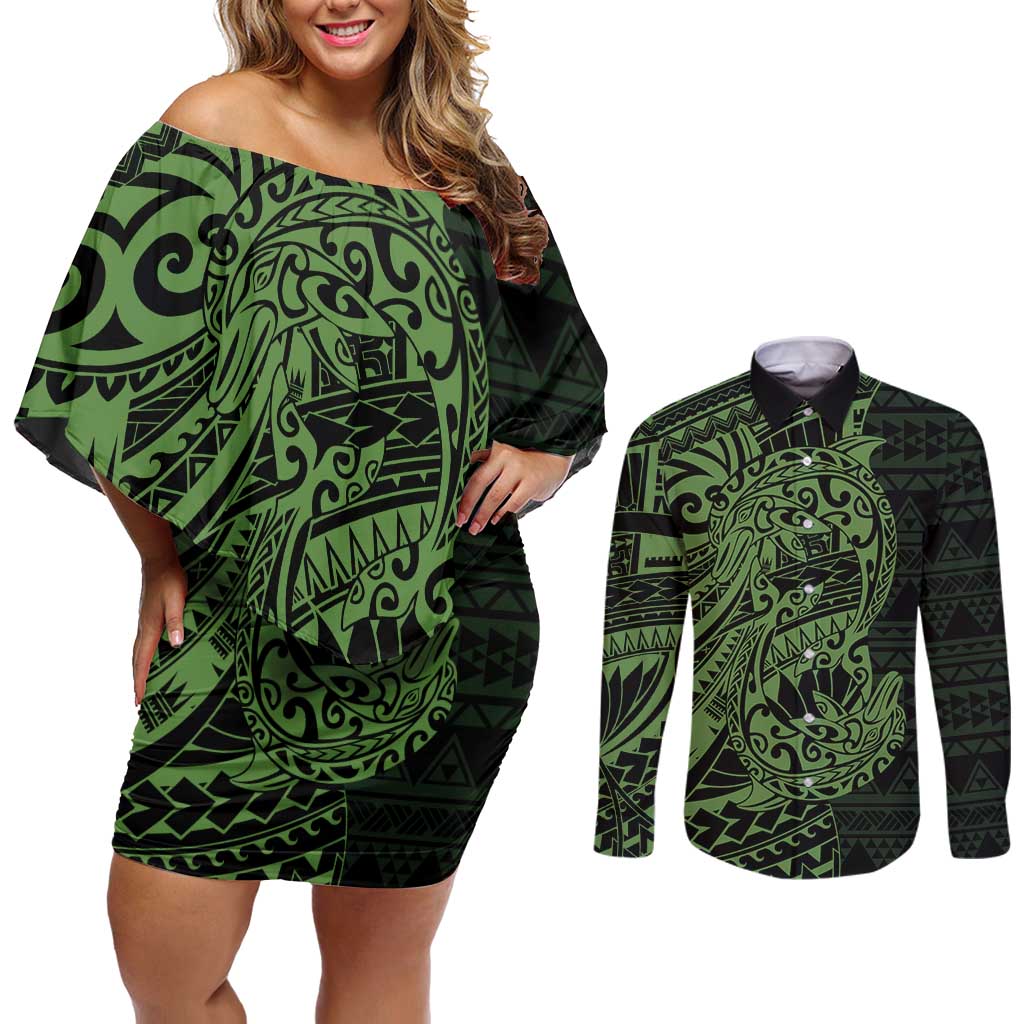 Green Couple Dolphins Maori Polynesian Style Couples Matching Off Shoulder Short Dress and Long Sleeve Button Shirt