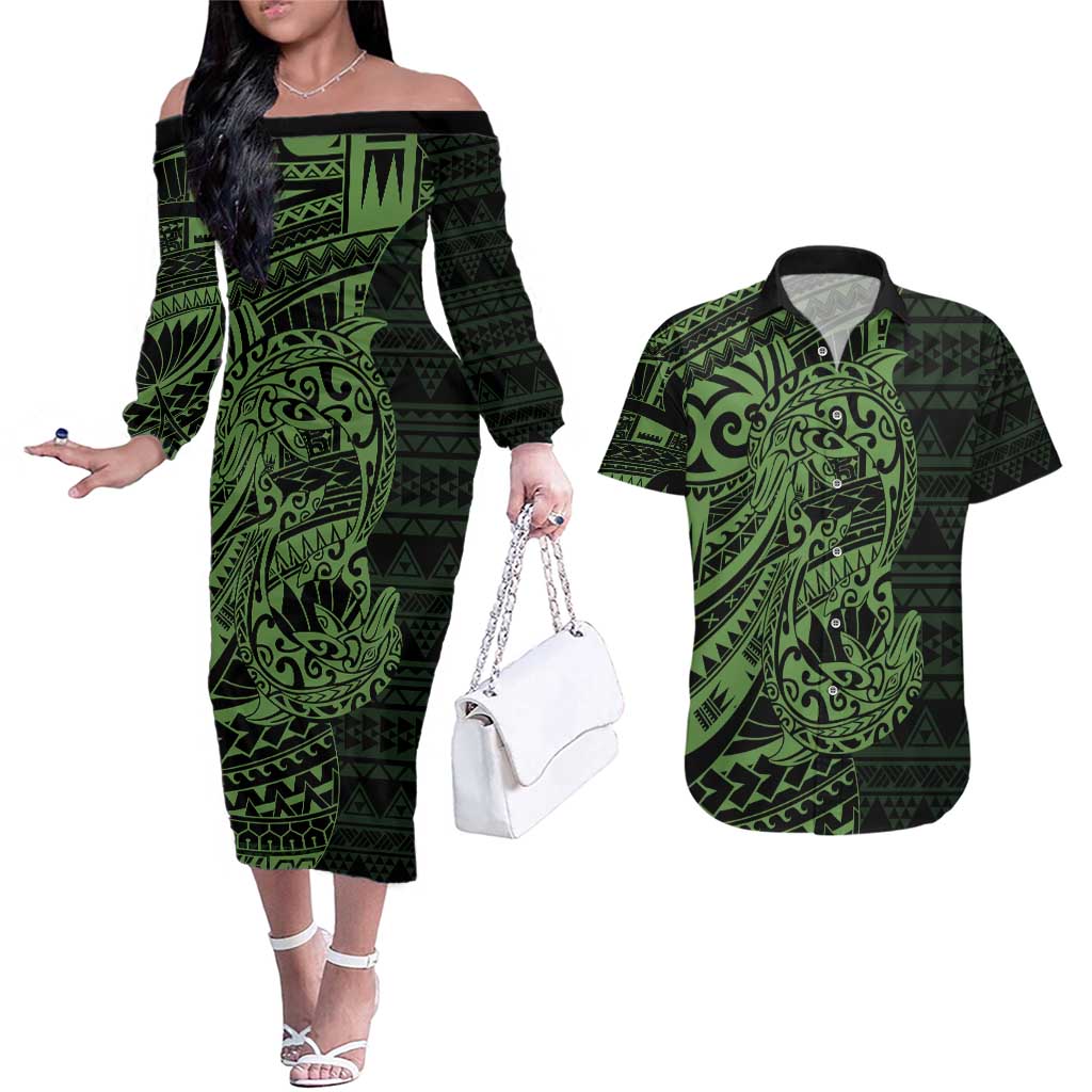 Green Couple Dolphins Maori Polynesian Style Couples Matching Off The Shoulder Long Sleeve Dress and Hawaiian Shirt