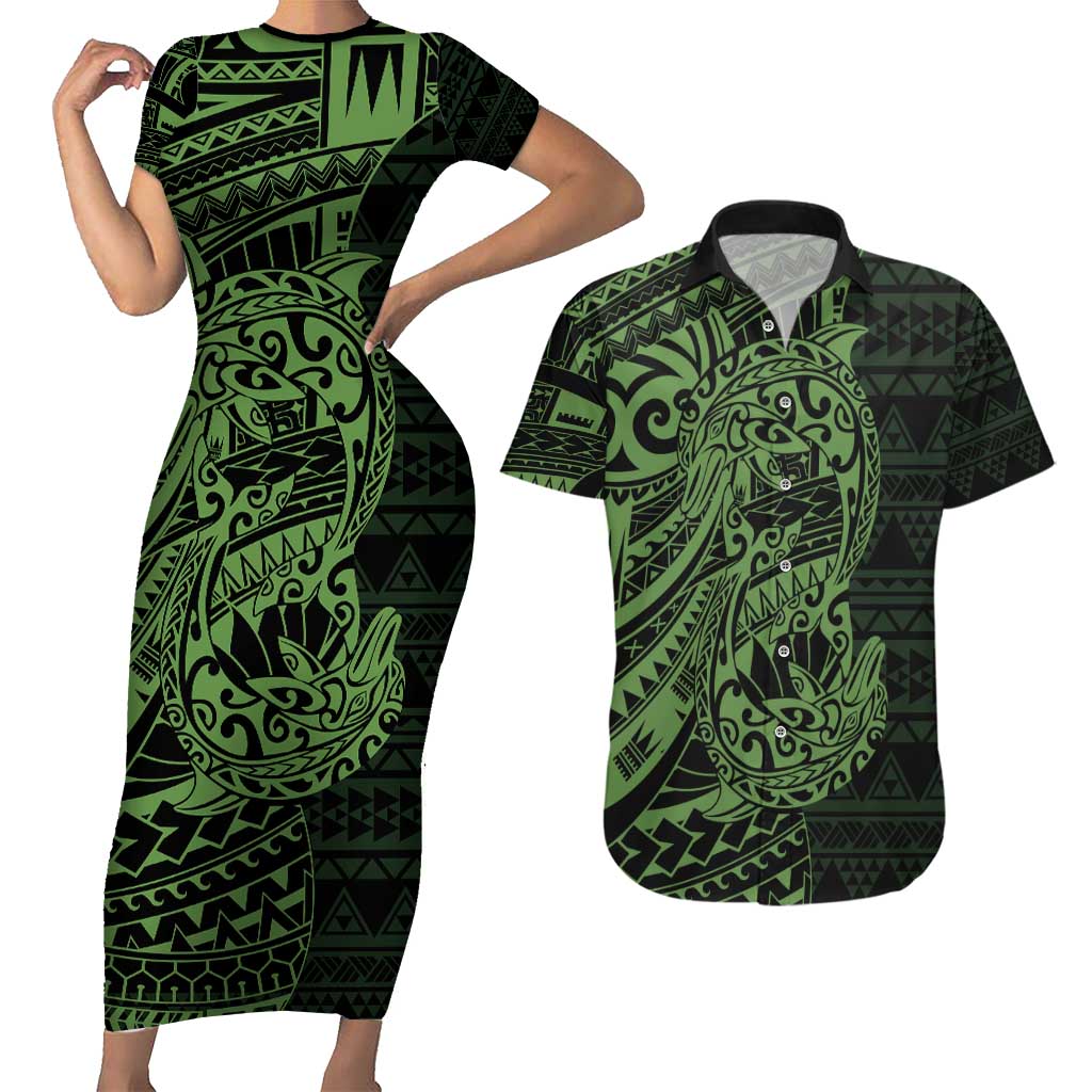 Green Couple Dolphins Maori Polynesian Style Couples Matching Short Sleeve Bodycon Dress and Hawaiian Shirt