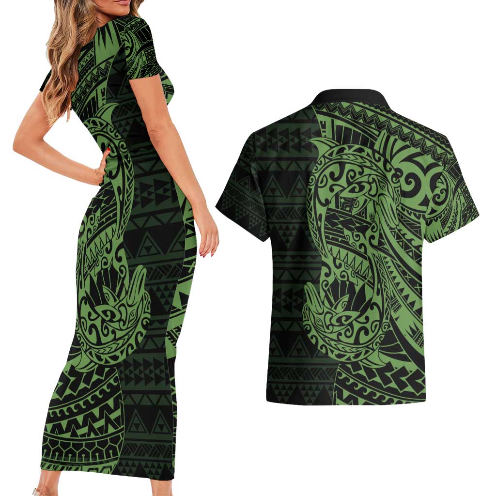 Green Couple Dolphins Maori Polynesian Style Couples Matching Short Sleeve Bodycon Dress and Hawaiian Shirt