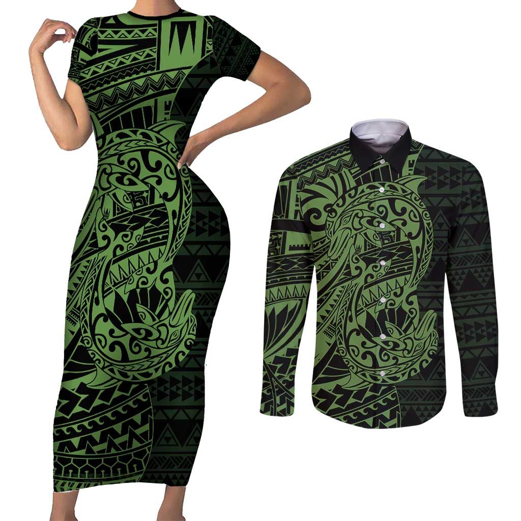 Green Couple Dolphins Maori Polynesian Style Couples Matching Short Sleeve Bodycon Dress and Long Sleeve Button Shirt