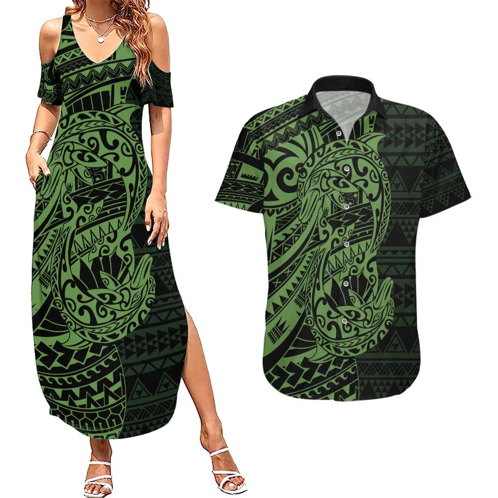 Green Couple Dolphins Maori Polynesian Style Couples Matching Summer Maxi Dress and Hawaiian Shirt