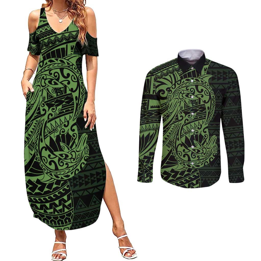 Green Couple Dolphins Maori Polynesian Style Couples Matching Summer Maxi Dress and Long Sleeve Button Shirt