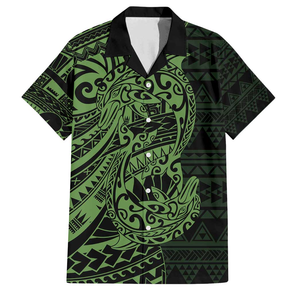 Green Couple Dolphins Maori Polynesian Style Family Matching Long Sleeve Bodycon Dress and Hawaiian Shirt