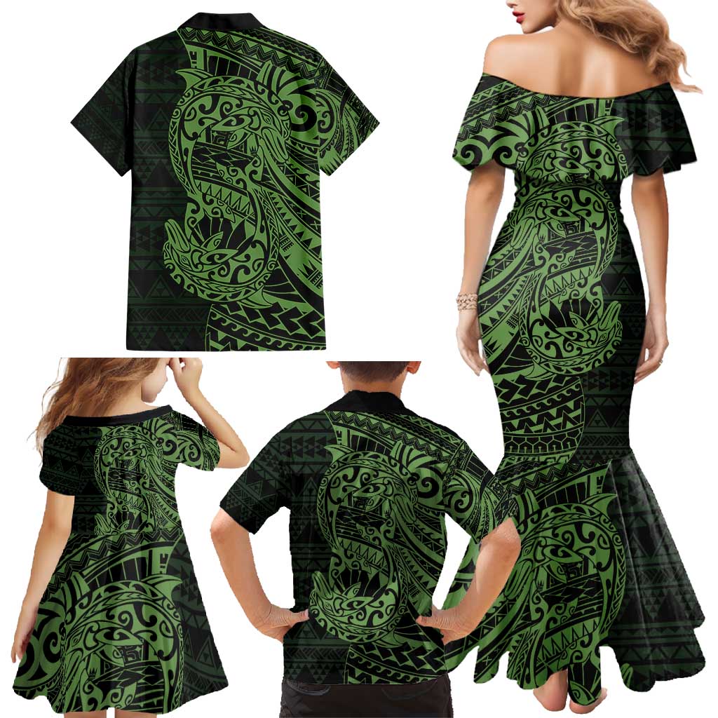 Green Couple Dolphins Maori Polynesian Style Family Matching Mermaid Dress and Hawaiian Shirt