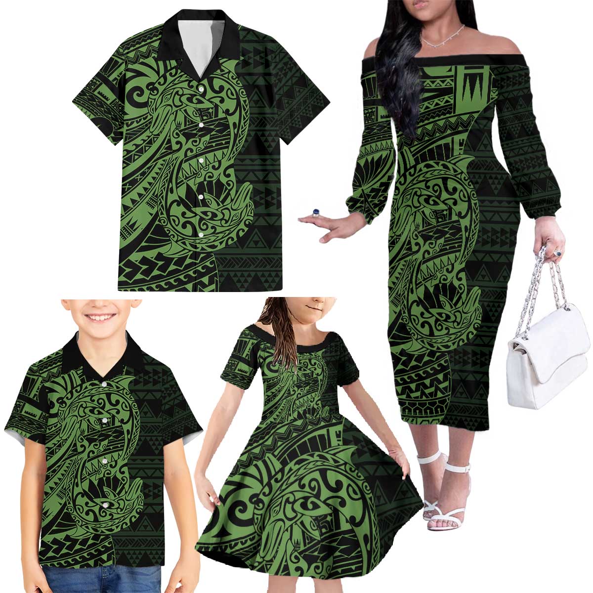 Green Couple Dolphins Maori Polynesian Style Family Matching Off The Shoulder Long Sleeve Dress and Hawaiian Shirt