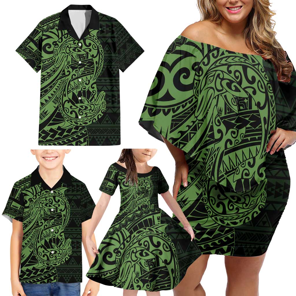 Green Couple Dolphins Maori Polynesian Style Family Matching Off Shoulder Short Dress and Hawaiian Shirt