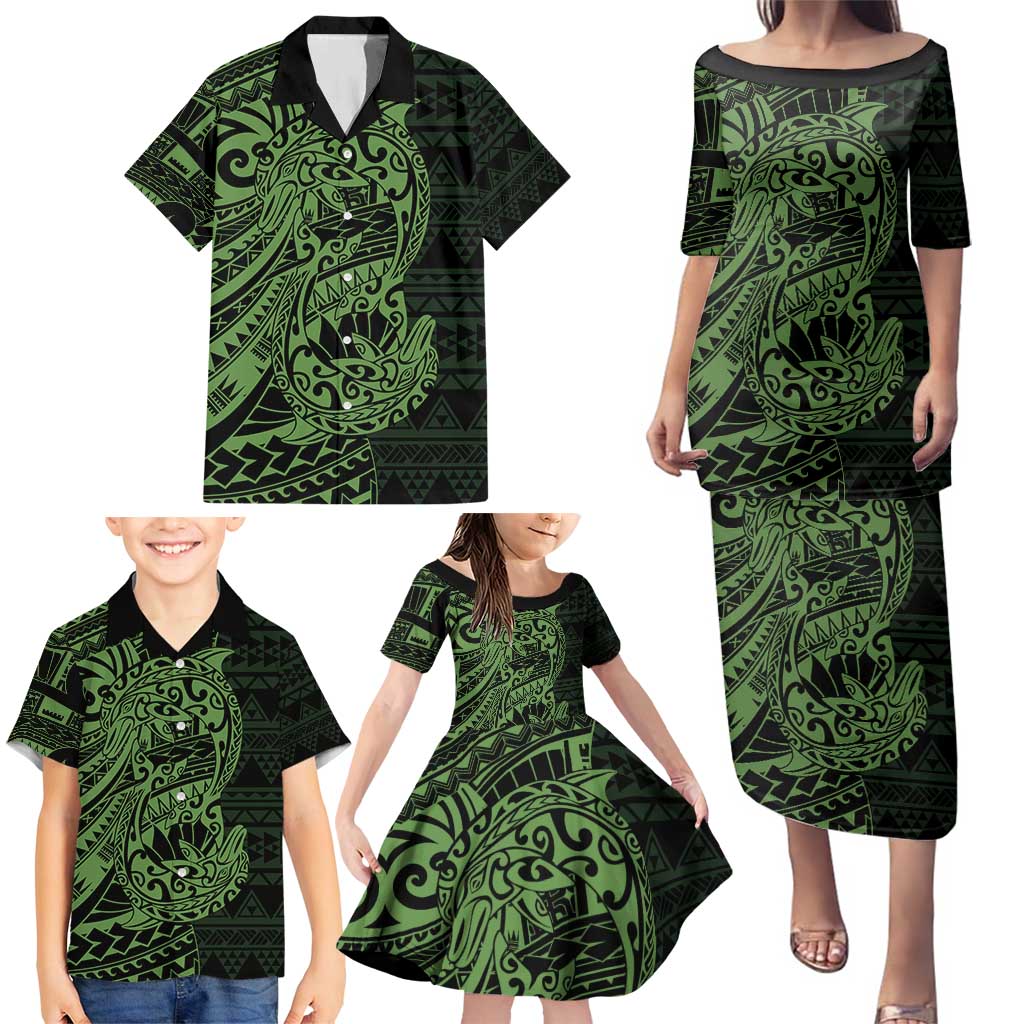 Green Couple Dolphins Maori Polynesian Style Family Matching Puletasi and Hawaiian Shirt