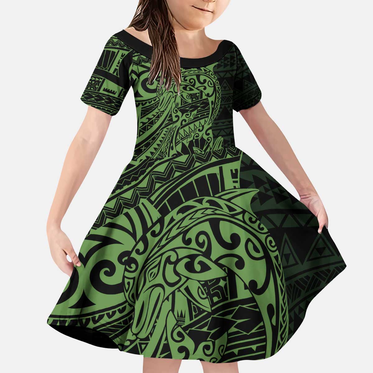 Green Couple Dolphins Maori Polynesian Style Kid Short Sleeve Dress