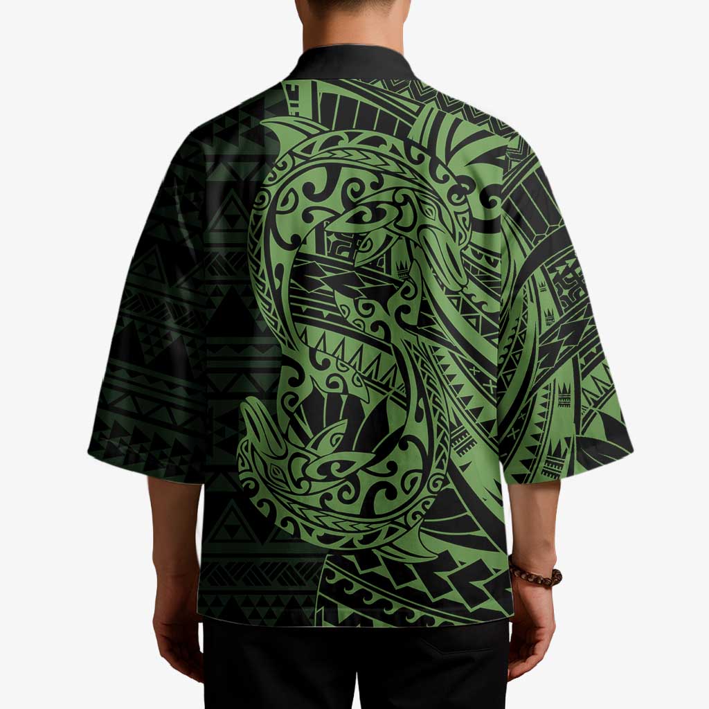 Green Couple Dolphins Maori Polynesian Style Kimono - Polynesian Pride