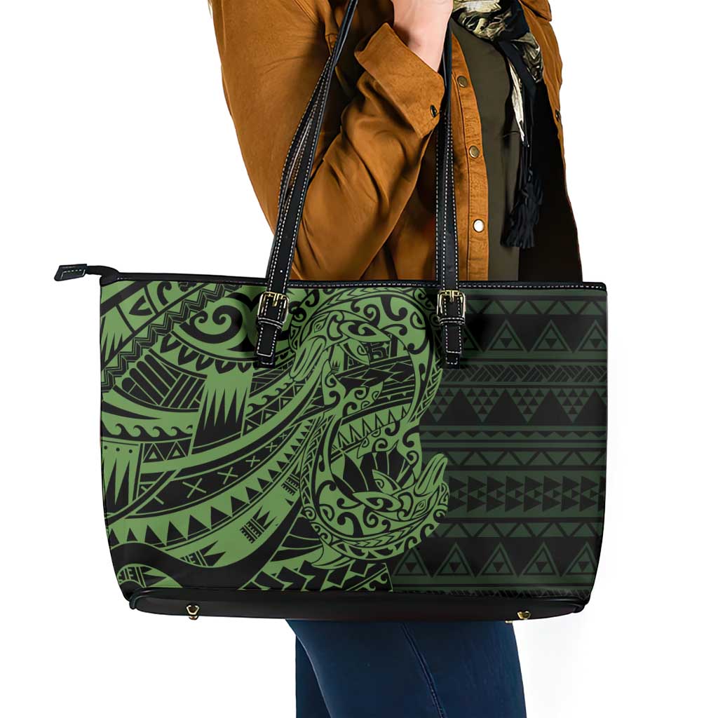 Green Couple Dolphins Maori Polynesian Style Leather Tote Bag