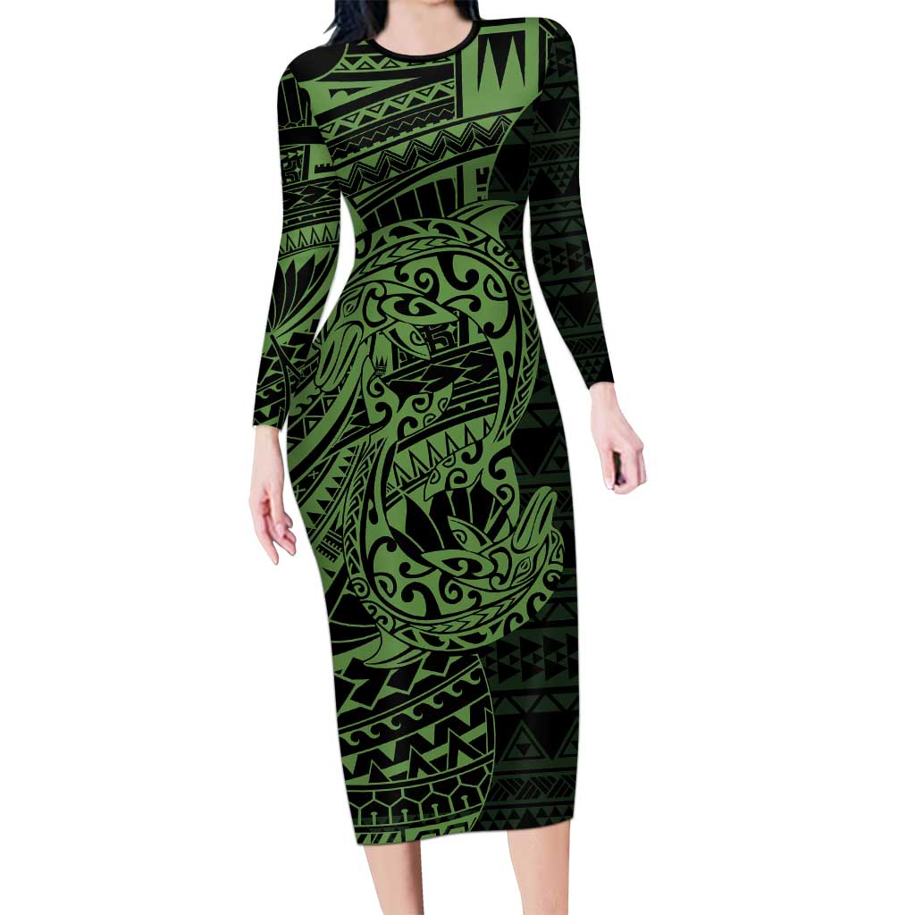 Green Couple Dolphins Maori Polynesian Style Long Sleeve Bodycon Dress