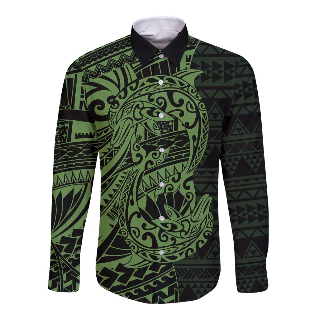 Green Couple Dolphins Maori Polynesian Style Long Sleeve Button Shirt