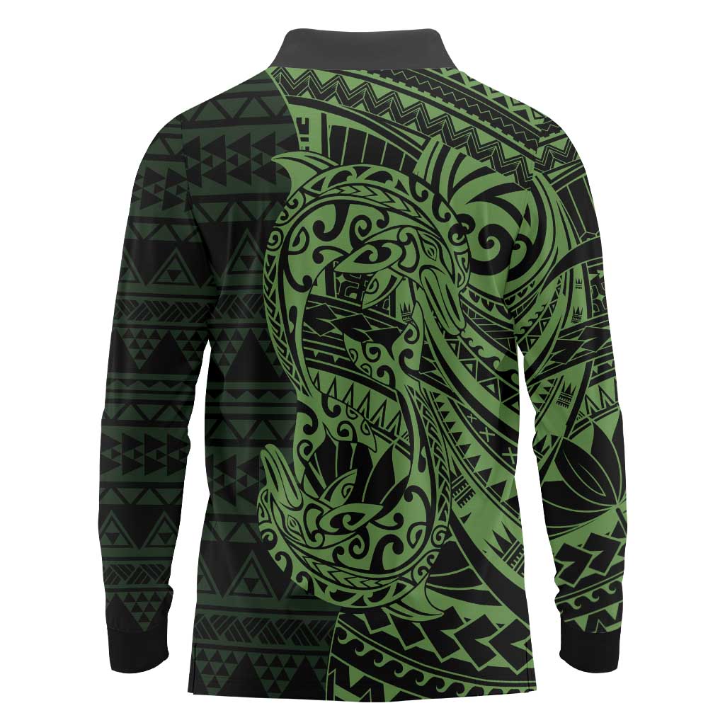 Green Couple Dolphins Maori Polynesian Style Long Sleeve Polo Shirt