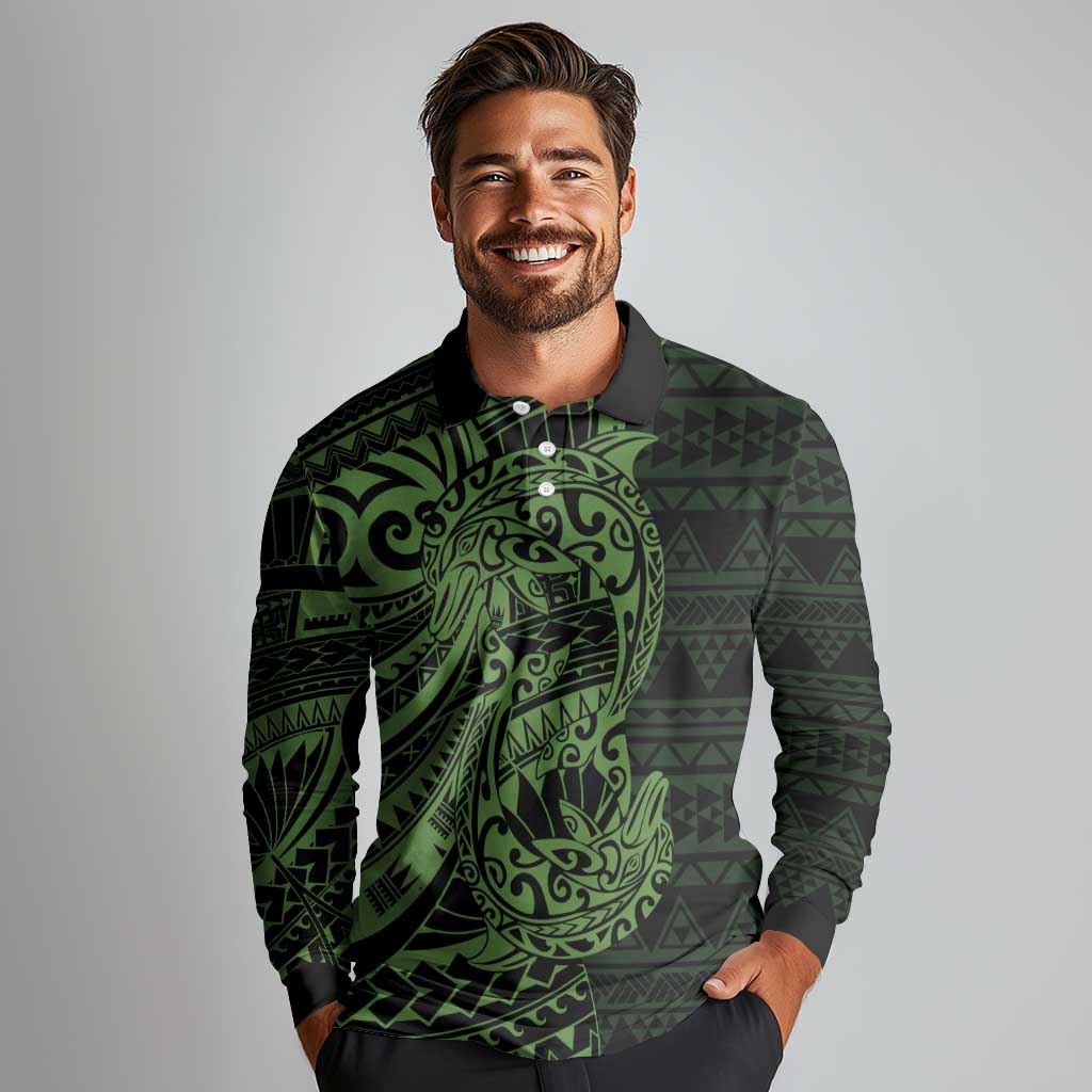 Green Couple Dolphins Maori Polynesian Style Long Sleeve Polo Shirt