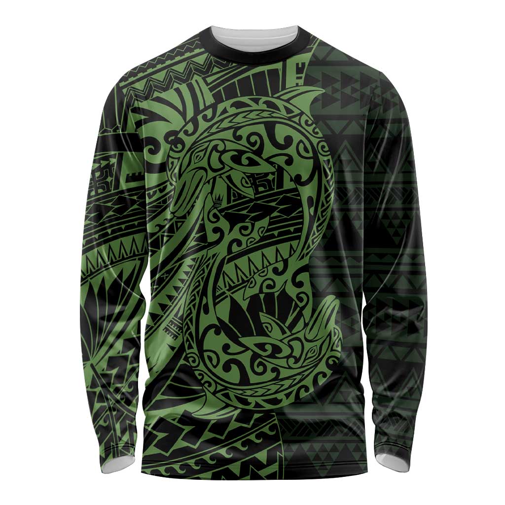 Green Couple Dolphins Maori Polynesian Style Long Sleeve Shirt