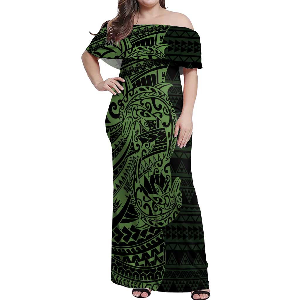 Green Couple Dolphins Maori Polynesian Style Off Shoulder Maxi Dress