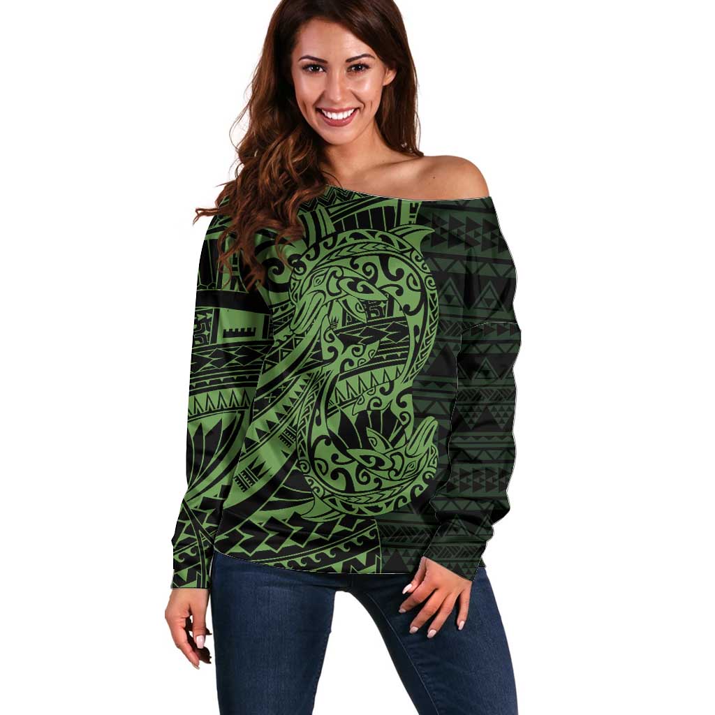 Green Couple Dolphins Maori Polynesian Style Off Shoulder Sweater