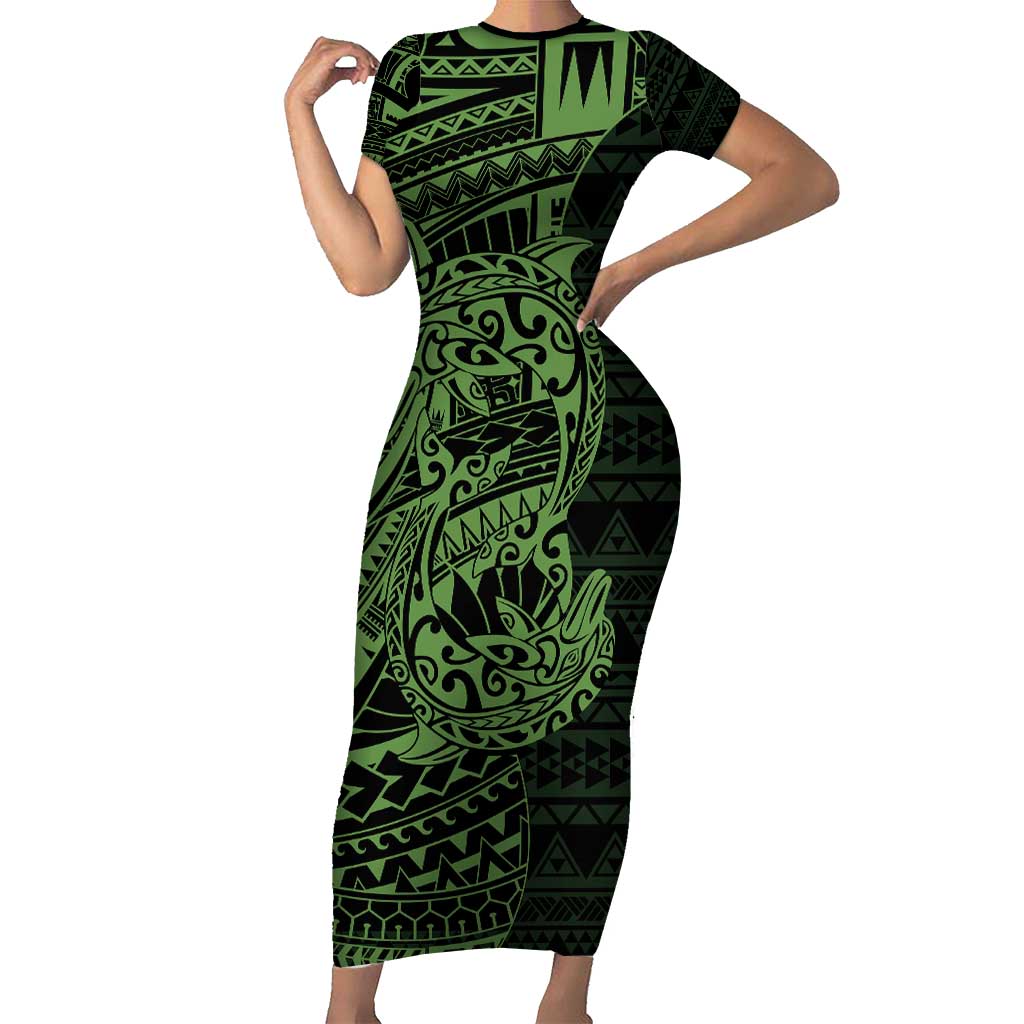 Green Couple Dolphins Maori Polynesian Style Short Sleeve Bodycon Dress