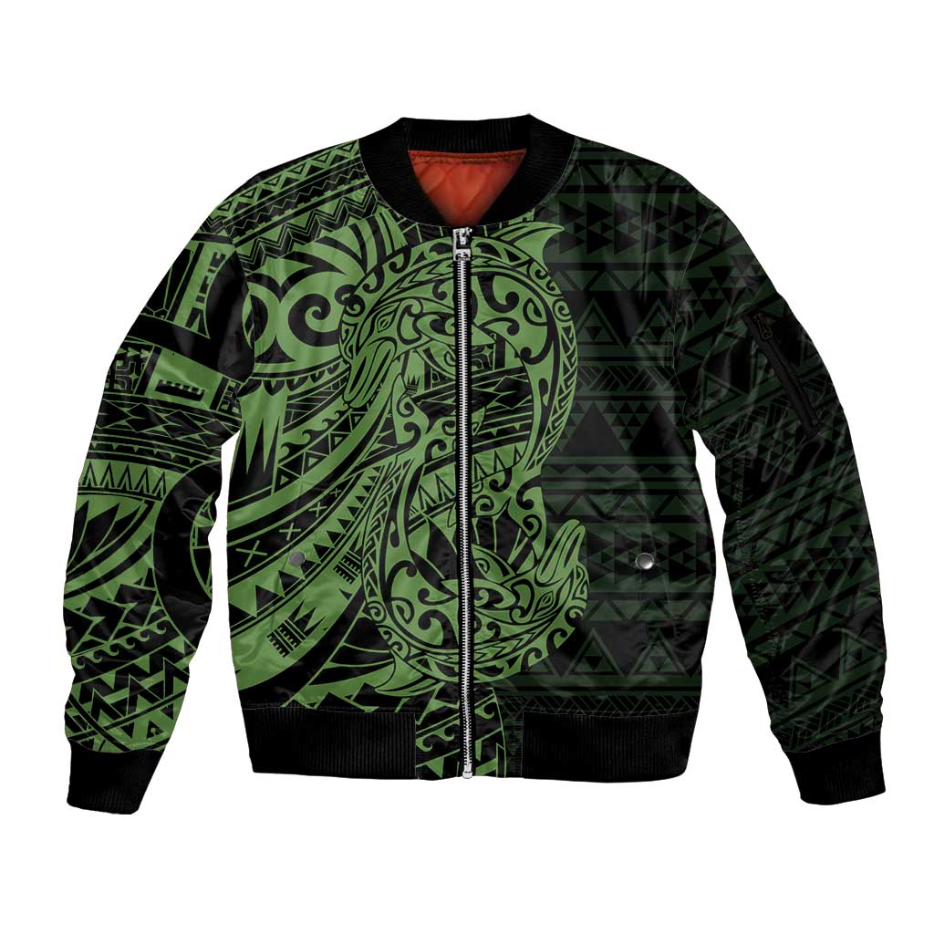 Green Couple Dolphins Maori Polynesian Style Sleeve Zip Bomber Jacket