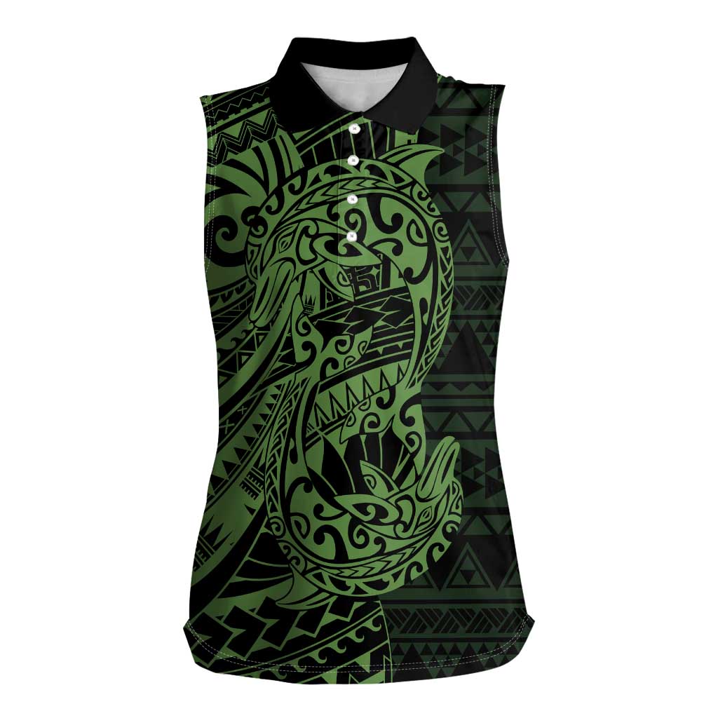 Green Couple Dolphins Maori Polynesian Style Women Sleeveless Polo Shirt