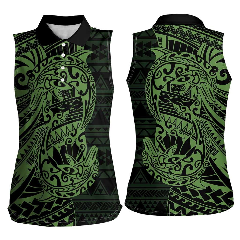Green Couple Dolphins Maori Polynesian Style Women Sleeveless Polo Shirt