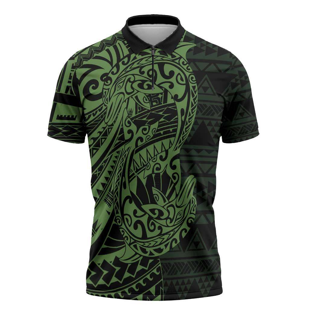Green Couple Dolphins Maori Polynesian Style Zipper Polo Shirt - Polynesian Pride