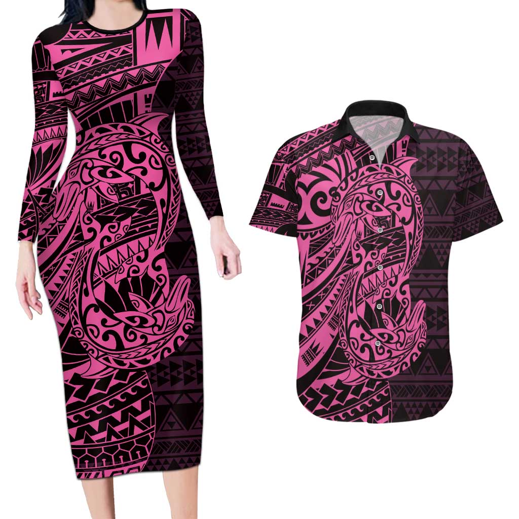 Pink Couple Dolphins Maori Polynesian Style Couples Matching Long Sleeve Bodycon Dress and Hawaiian Shirt