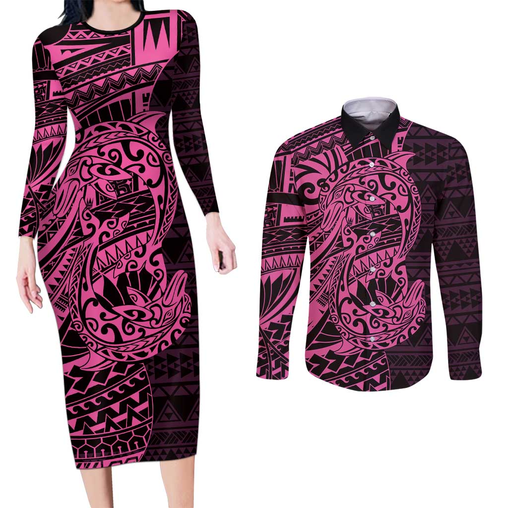 Pink Couple Dolphins Maori Polynesian Style Couples Matching Long Sleeve Bodycon Dress and Long Sleeve Button Shirt