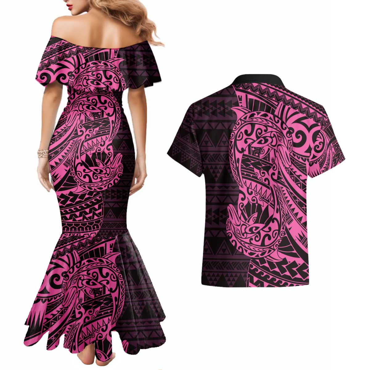 Pink Couple Dolphins Maori Polynesian Style Couples Matching Mermaid Dress and Hawaiian Shirt