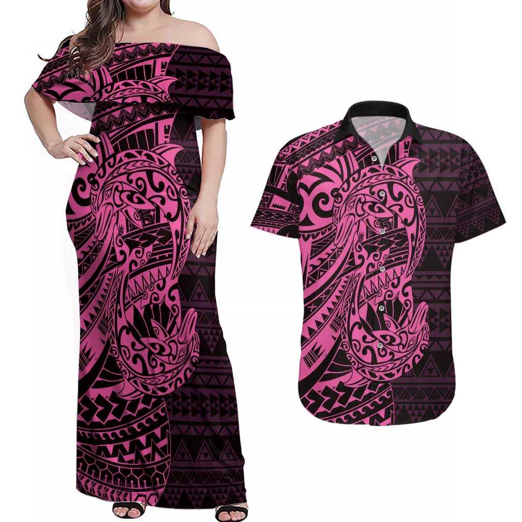 Pink Couple Dolphins Maori Polynesian Style Couples Matching Off Shoulder Maxi Dress and Hawaiian Shirt