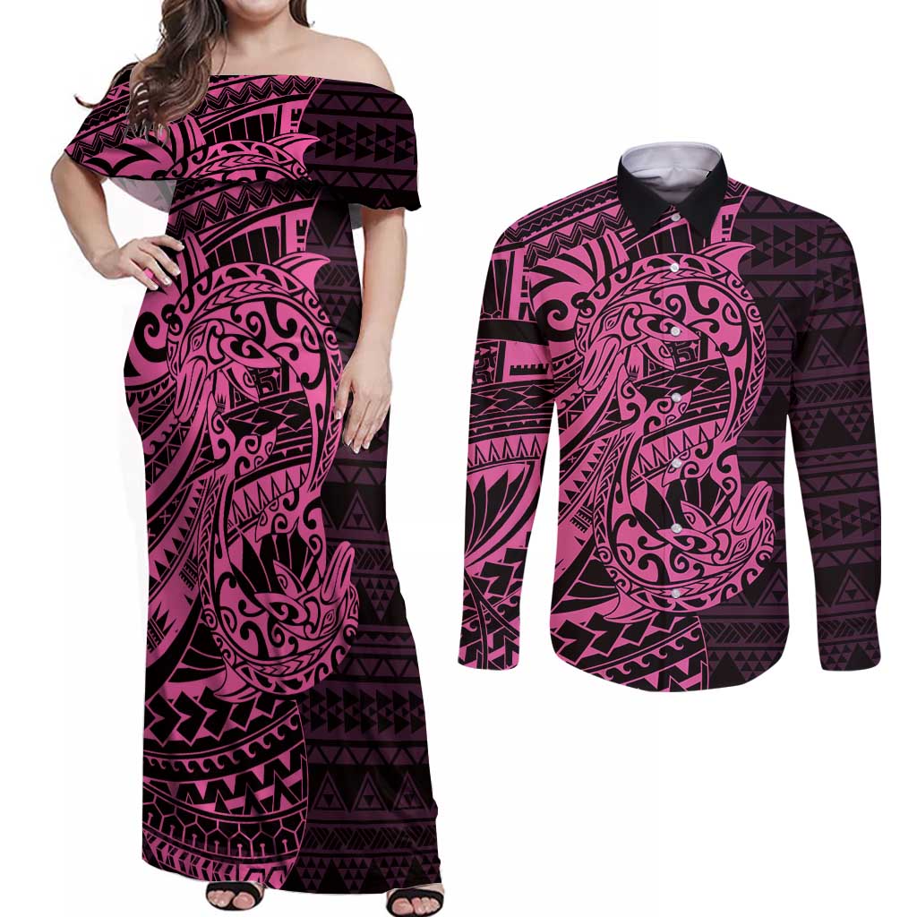 Pink Couple Dolphins Maori Polynesian Style Couples Matching Off Shoulder Maxi Dress and Long Sleeve Button Shirt