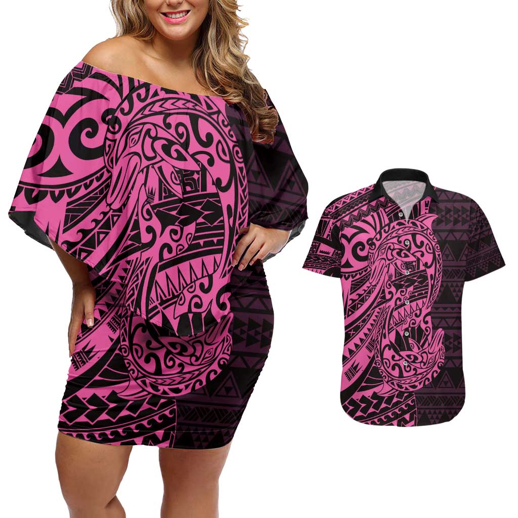 Pink Couple Dolphins Maori Polynesian Style Couples Matching Off Shoulder Short Dress and Hawaiian Shirt