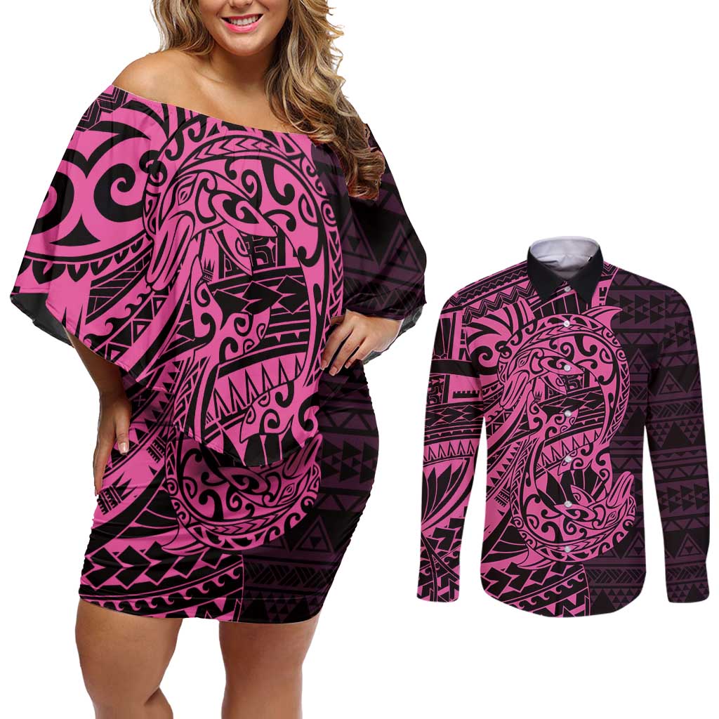 Pink Couple Dolphins Maori Polynesian Style Couples Matching Off Shoulder Short Dress and Long Sleeve Button Shirt