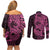 Pink Couple Dolphins Maori Polynesian Style Couples Matching Off Shoulder Short Dress and Long Sleeve Button Shirt