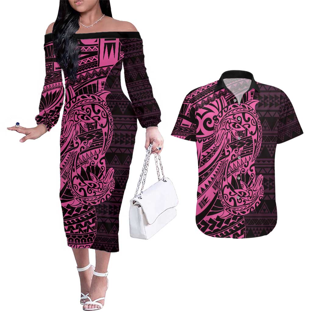 Pink Couple Dolphins Maori Polynesian Style Couples Matching Off The Shoulder Long Sleeve Dress and Hawaiian Shirt