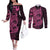 Pink Couple Dolphins Maori Polynesian Style Couples Matching Off The Shoulder Long Sleeve Dress and Long Sleeve Button Shirt