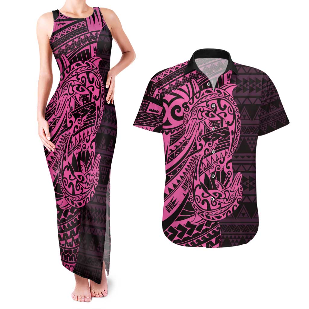 Pink Couple Dolphins Maori Polynesian Style Couples Matching Tank Maxi Dress and Hawaiian Shirt