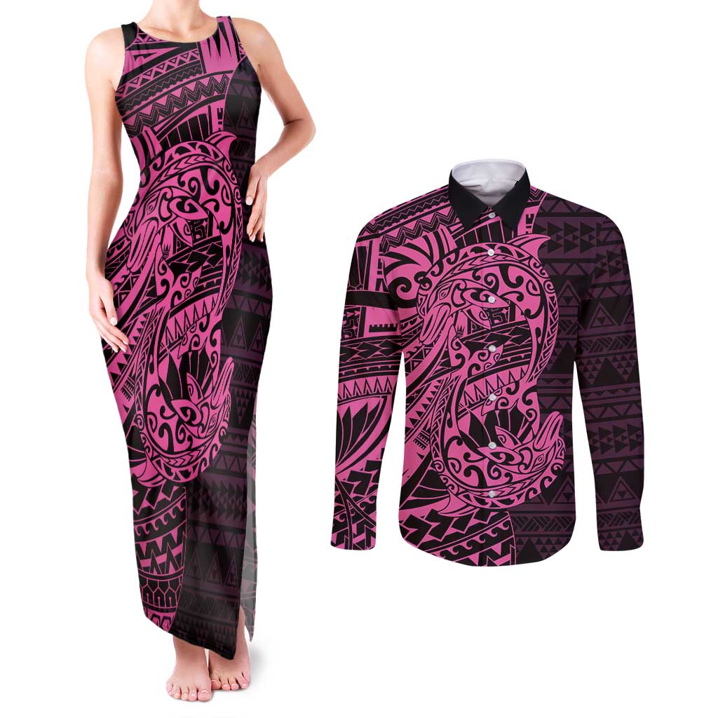 Pink Couple Dolphins Maori Polynesian Style Couples Matching Tank Maxi Dress and Long Sleeve Button Shirt