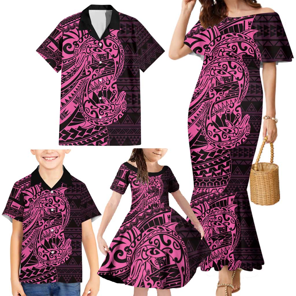 Pink Couple Dolphins Maori Polynesian Style Family Matching Mermaid Dress and Hawaiian Shirt