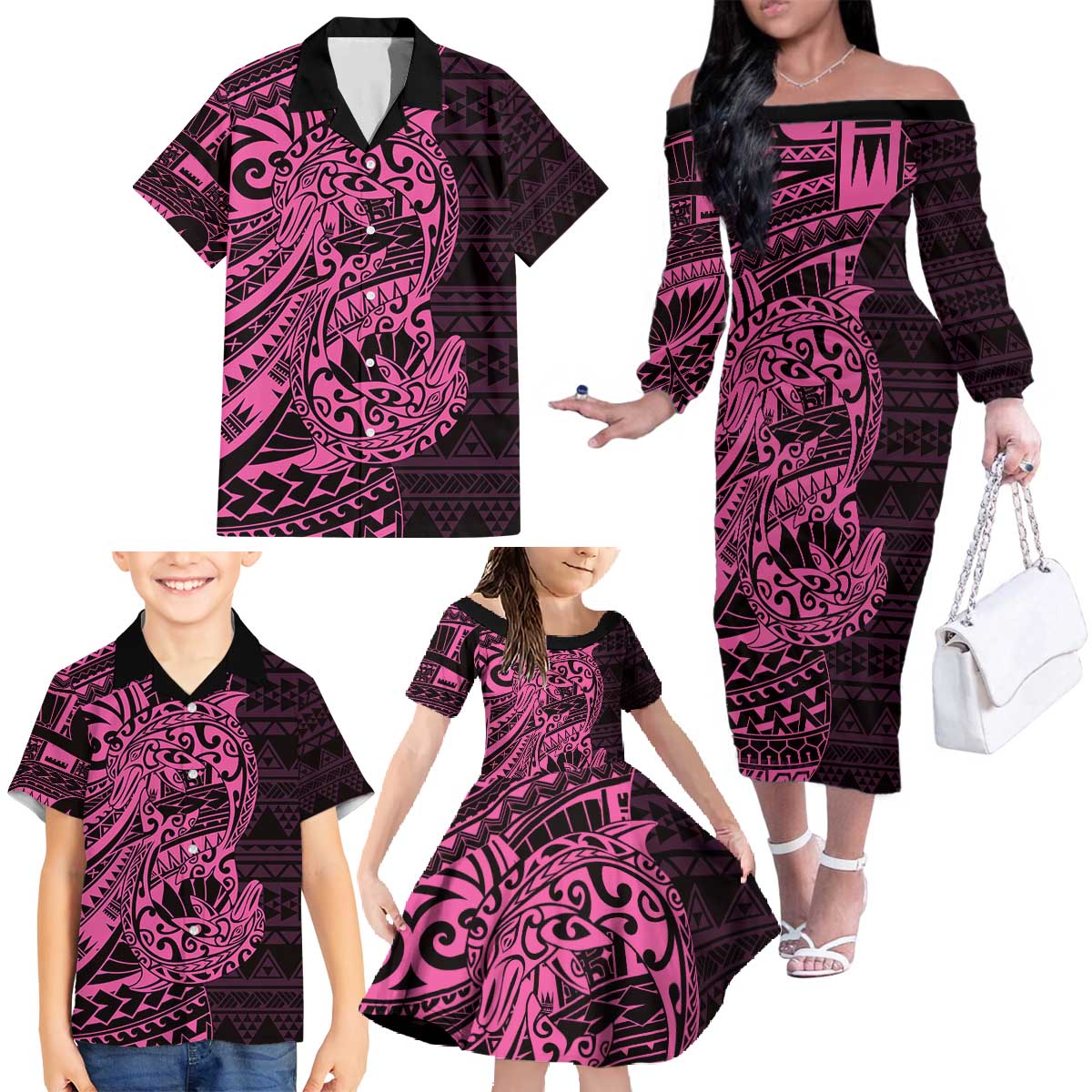 Pink Couple Dolphins Maori Polynesian Style Family Matching Off The Shoulder Long Sleeve Dress and Hawaiian Shirt