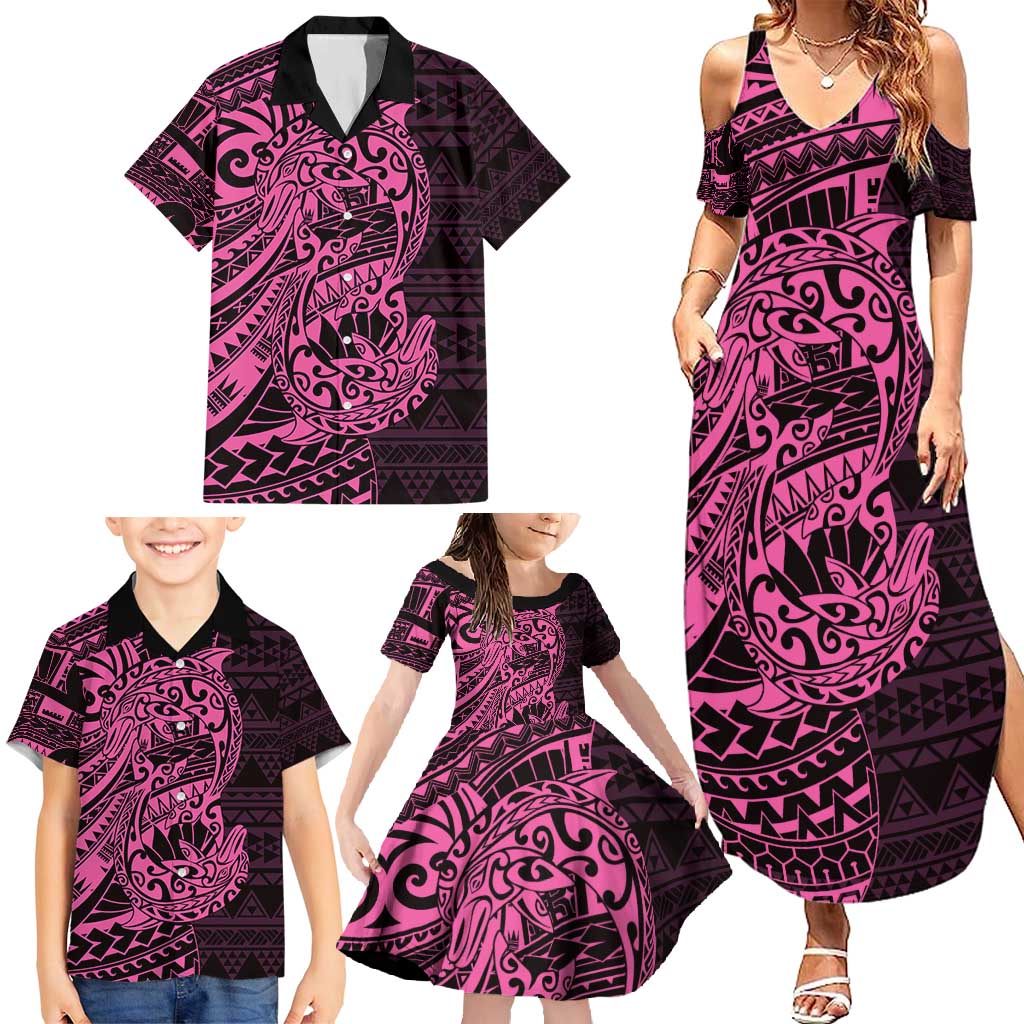 Pink Couple Dolphins Maori Polynesian Style Family Matching Summer Maxi Dress and Hawaiian Shirt