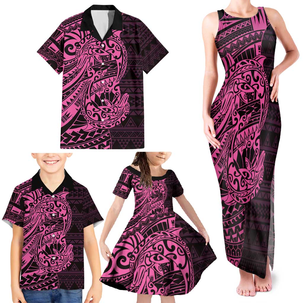 Pink Couple Dolphins Maori Polynesian Style Family Matching Tank Maxi Dress and Hawaiian Shirt