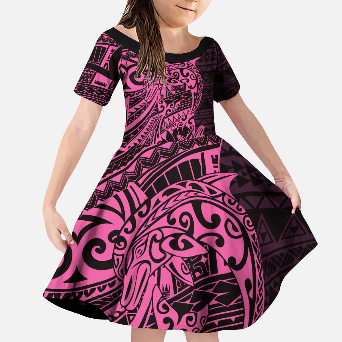 Pink Couple Dolphins Maori Polynesian Style Kid Short Sleeve Dress