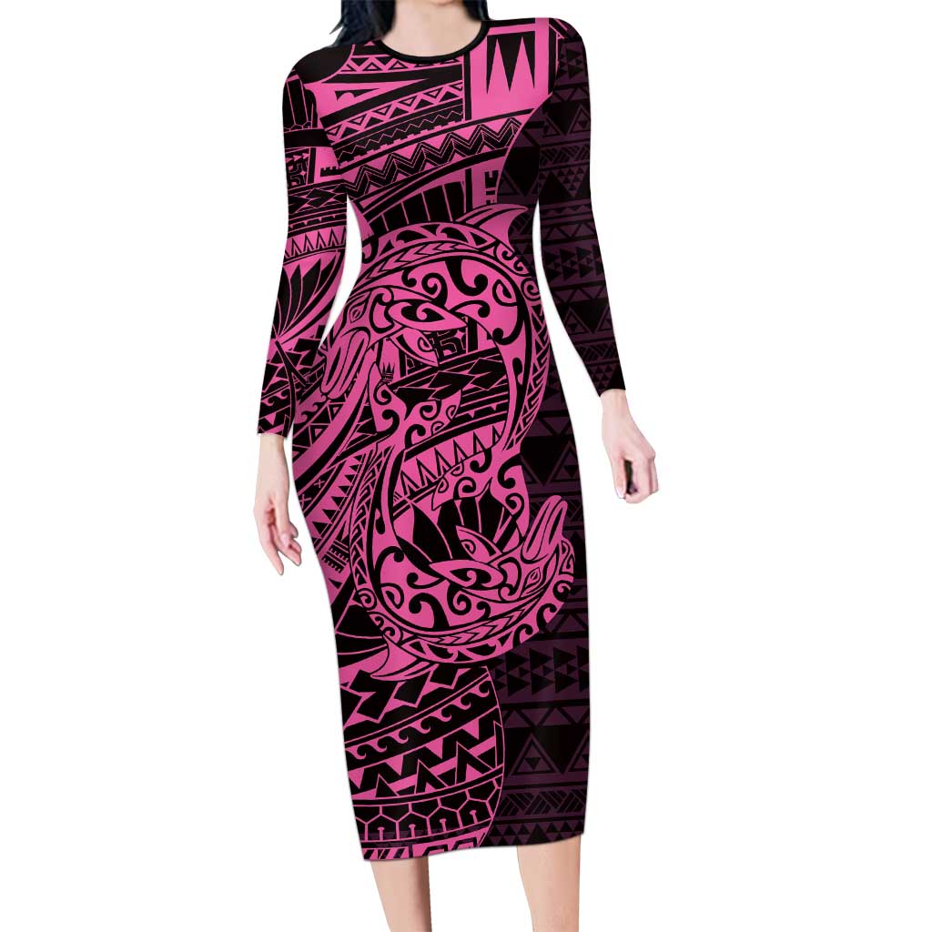 Pink Couple Dolphins Maori Polynesian Style Long Sleeve Bodycon Dress