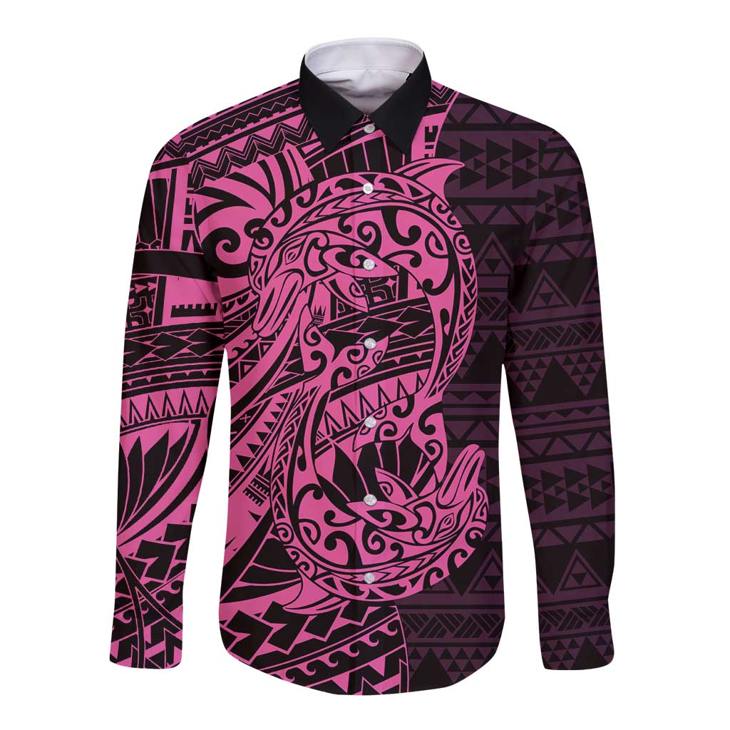 Pink Couple Dolphins Maori Polynesian Style Long Sleeve Button Shirt